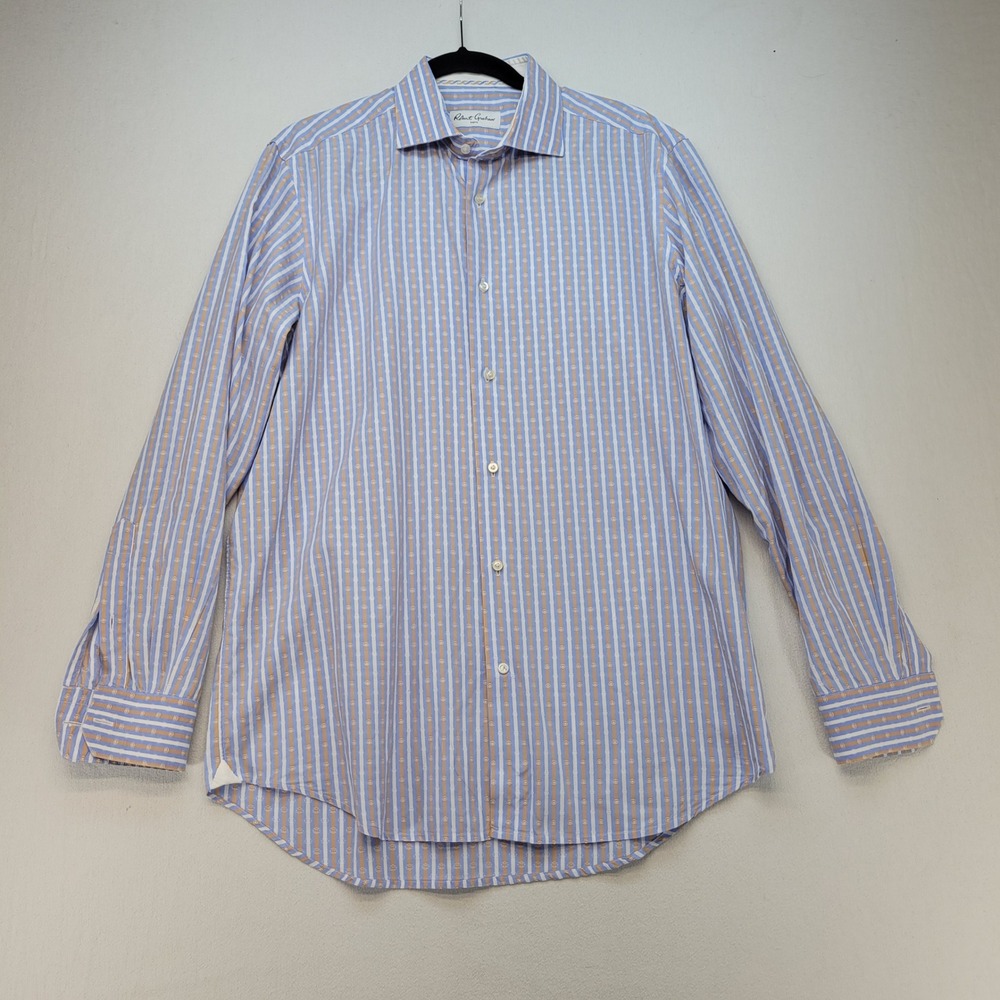 Robert Graham Button Down Shirt Mens 41‎ 16 Blue Striped Jacquard Long Sleeve